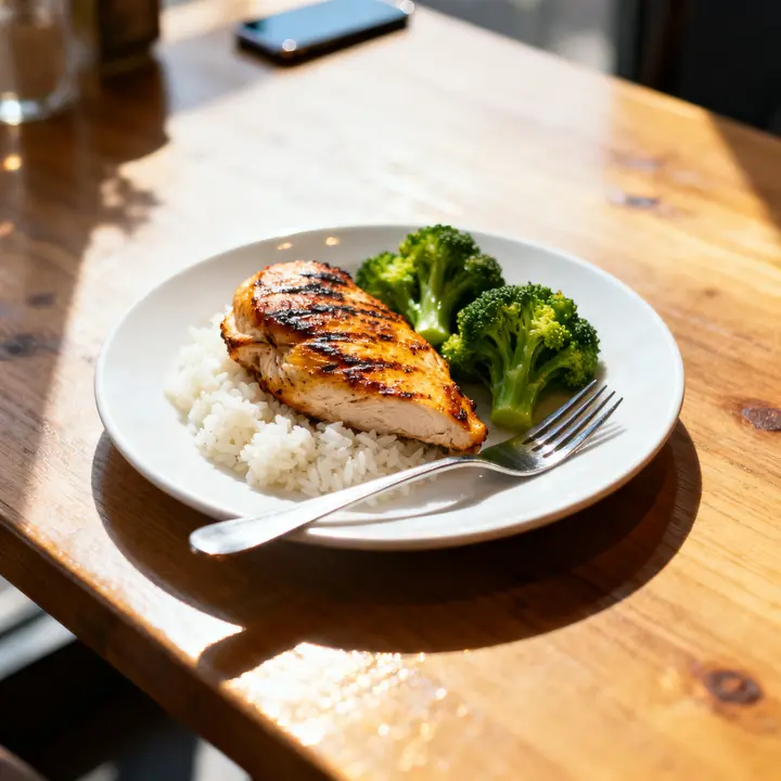 A plate of grilled chicken, rice and broccoli