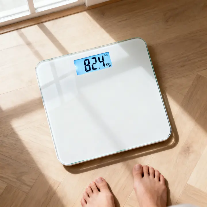 A bathroom scale display reading 82.4 kg