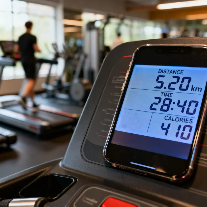 A treadmill screen showing 5.20 km, 28:40 and 410 calories