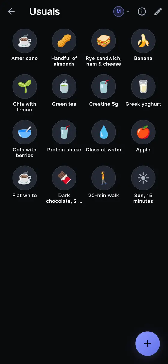 Sayved usuals: a grid of saved foods and drinks, each one tap to log